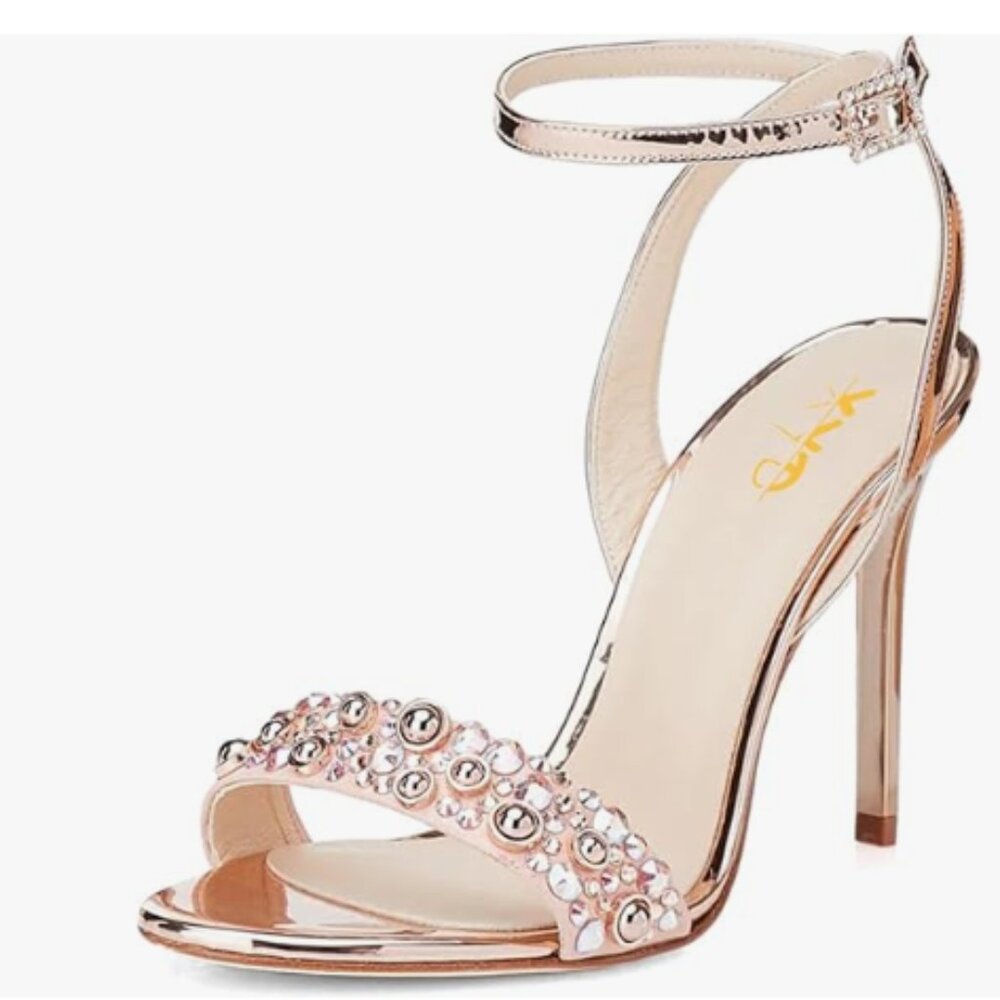 XYD Pink Rose Metallic Stones Studded Open Toe Slingback Stiletto Heels Sandals